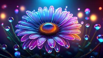 luminescent cyberpunk daisy with holographic petals and dewdrops in neon dreamscape