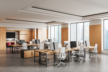 Modern open space interior design of office with large windows, wooden elements, and ergonomic furniture in a city high-rise building. 3D Rendering