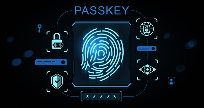 Futuristic fingerprint passkey interface showcasing biometric identity authentication and digital verification concept on a glowing dark background. 3D Rendering