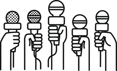 Journalist holding microphones during press conference interview media communication vector illustration icon