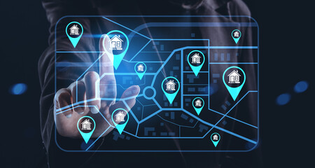Real estate market search concept with digital map and property icons for rent, buy, or sell housing, agent interface on dark background..