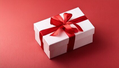 Fototapeta premium beautiful white gift box with red ribbon on light red background