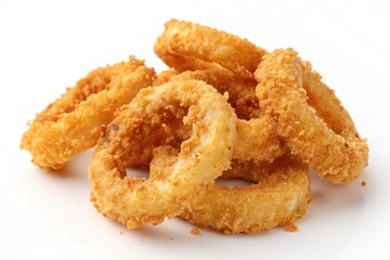 Pile of crispy golden onion rings isolated on white background, a delicious appetizer