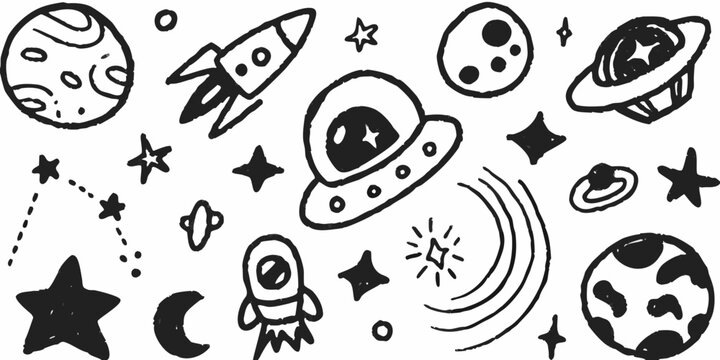 Hand drawn doodle space elements with planets rockets stars and ufos on white background