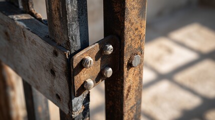 Rusty gate hinges reveal wear and age at an abandoned site during warm daylight