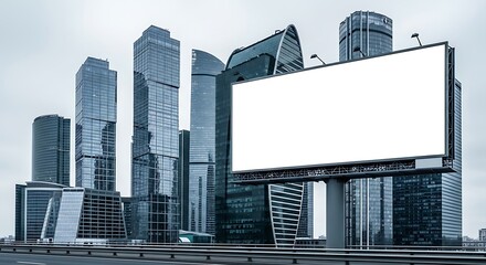 Blank billboard in moscow city offering advertising space against a backdrop of modern skyscrapers, ideal for marketing campaigns and promotional messages
