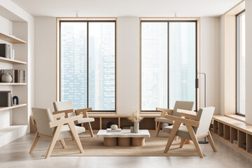 Modern minimalist interior design with wooden armchairs and city view through large windows in neutral color palette. 3D Rendering