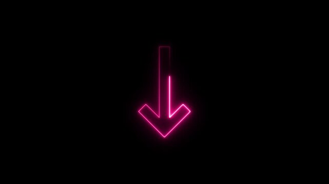 Glowing neon pink color business graph growth down arrow 4k video animation on black background. Neon arrow business graph icon animation. Growing market trend concept. Neon arrow black background