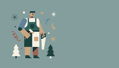 Geometric artisan character in apron holding a saw set against a holiday background