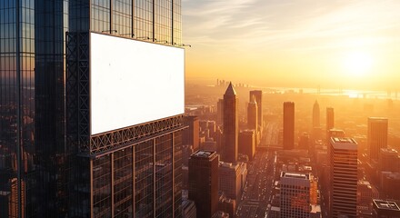 A blank billboard on a modern skyscraper against a vibrant sunset cityscape, offering a prime advertising opportunity in a bustling urban environment