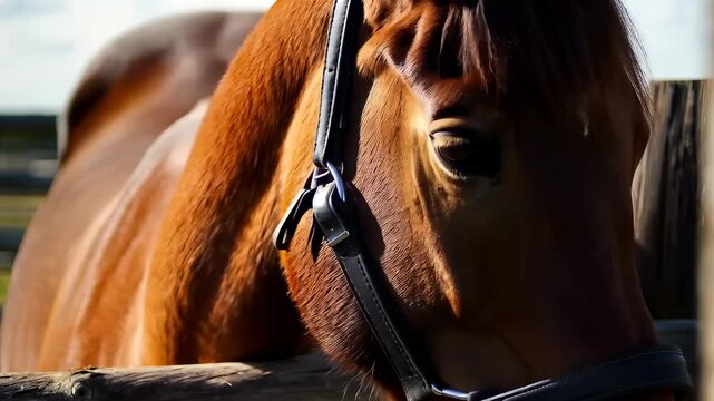 Close-up of a Chestnut Horse with Bridle in Sunlight
