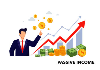 A businessman points to a rising graph with money stacks and coins, illustrating passive income growth.