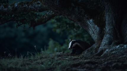 Fototapeta premium Badger underneath tree nighttime