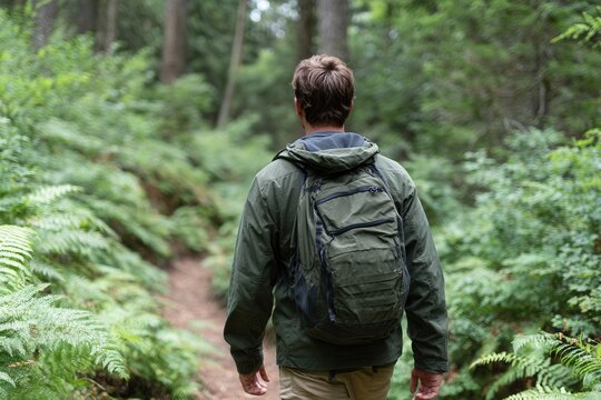 A man walks along a forest trail surrounded by ferns and trees, enjoying nature. Ideal for outdoor and adventure themes.