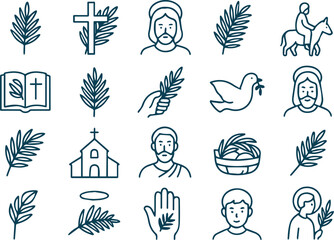 Fototapeta premium Christian symbols isolated on white background representing faith, religion, and spirituality, including jesus, crosses, palms, and other religious imagery