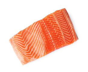 Piece of salmon fillet isolated on white, top view