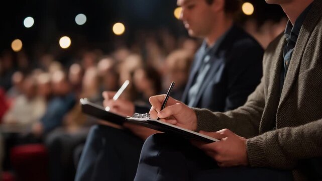 Close-up of judges&rsquo; hands holding scorecards and pens while audience watches performers on stage, highlighting jury assessment, professional feedback, entertainment evaluation, and competitive show