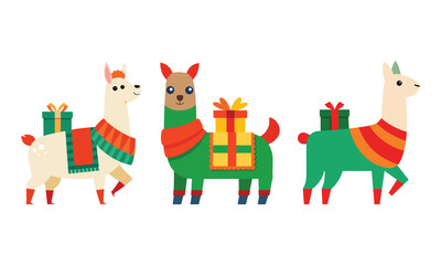 Festive Llamas Carrying Holiday Gifts in Colorful Outfits