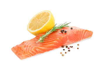 Piece of salmon fillet with spices isolated on white