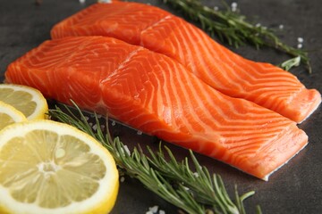 Pieces of salmon fillet and spices on grey table, closeup