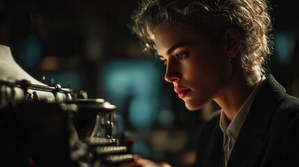 A focused woman with curly hair types on a vintage typewriter in a moody, dimly lit setting, evoking creativity and nostalgia.