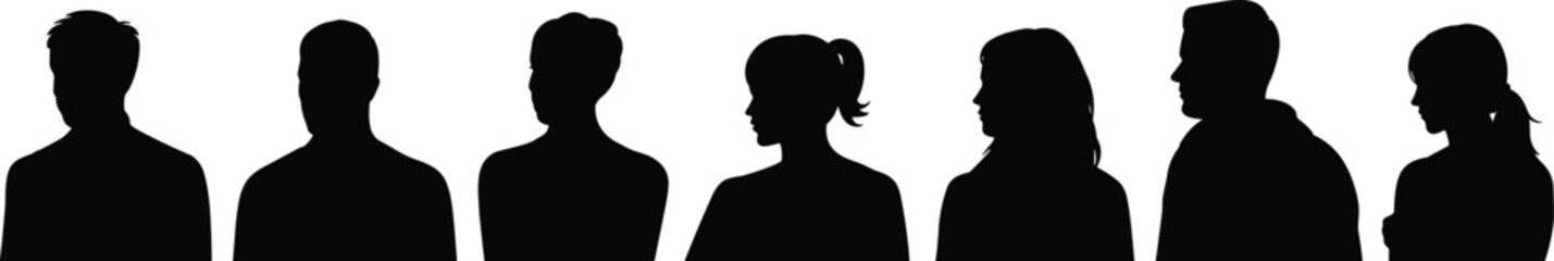 Silhouette of diverse men and women, group people profile, teamwork unity concept, black white background illustration