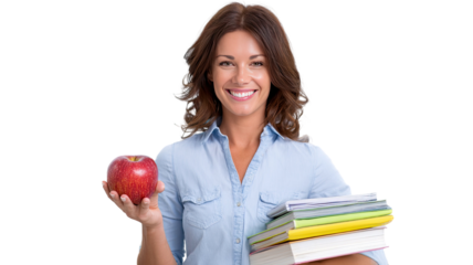 Young female student holding books and red apple smiling confidently in casual clothes education learning portrait isolated on white background