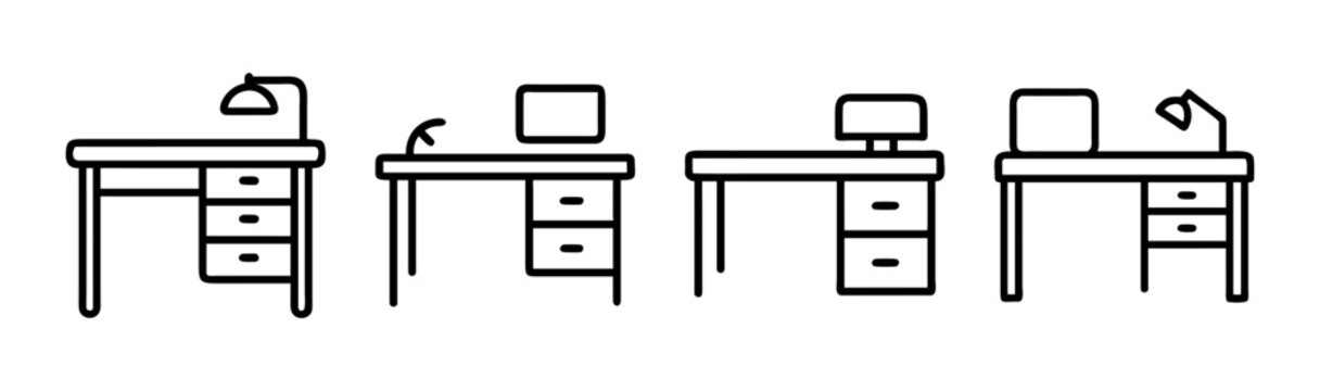 Clean desk illustration with computer monitor lamp and stationery for workspace vector art