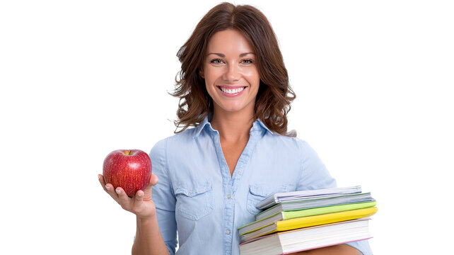 Young female student holding books and red apple smiling confidently in casual clothes education learning portrait isolated on white background - Powered by Adobe
