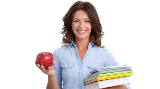 Young female student holding books and red apple smiling confidently in casual clothes education learning portrait isolated on white background