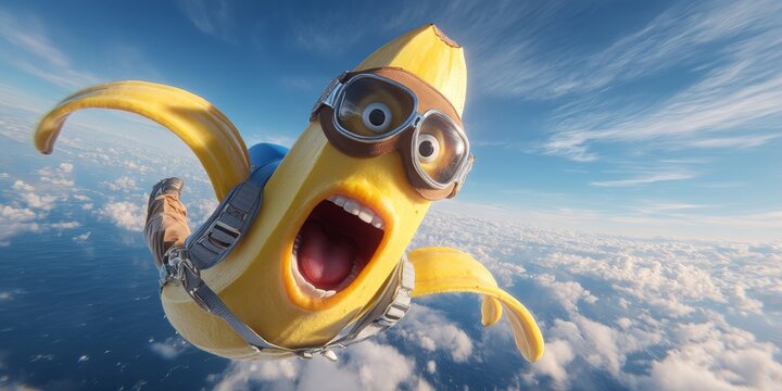 Banana's Thrilling Descent: An animated banana plunges from the sky in a moment of exhilarating freefall. With aviator goggles and a parachute, this whimsical fruit embarks on a high-flying adventure.