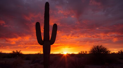 Dramatic Saguaro Cactus Silhouette at Sunset with Fiery Red and Orange Desert Sky