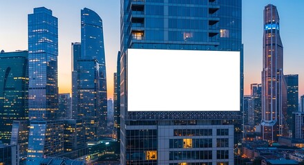 Blank billboard on a modern building in the city center at twilight, offering a prime advertising space against the backdrop of skyscrapers and urban lights