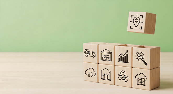Business Logistics Technology Data Icons Wooden Blocks Green Copy Space