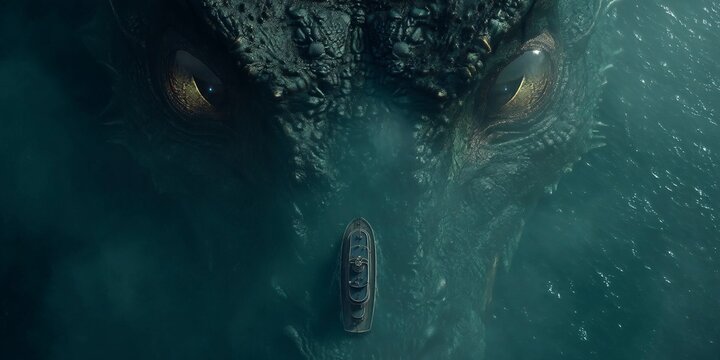 Deep Sea Leviathan: A colossal, ancient entity looms over a solitary vessel, its eyes blazing with an unsettling intensity, set against the dark expanse of the ocean.