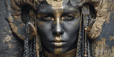 Mystical Aura: A captivating portrait of an otherworldly being, adorned with intricate golden embellishments and formidable horns, exudes an air of ancient power and arcane beauty.