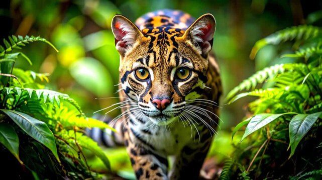 Stunning Ocelot in Lush Green Jungle Environment, Wildlife Portrait.