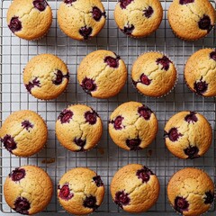 Top view of golden cherry muffins arranged neatly on a metal cooling rack, showing cracks and baked-in fruit on a marble surface.
