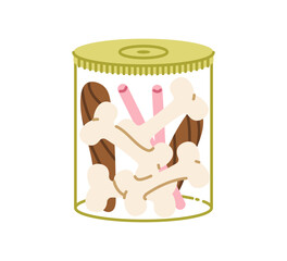 Green Transparent Jar with Pet Treats. The container clearly displaying the tasty snacks inside. Isolated Flat Vector Illustration.