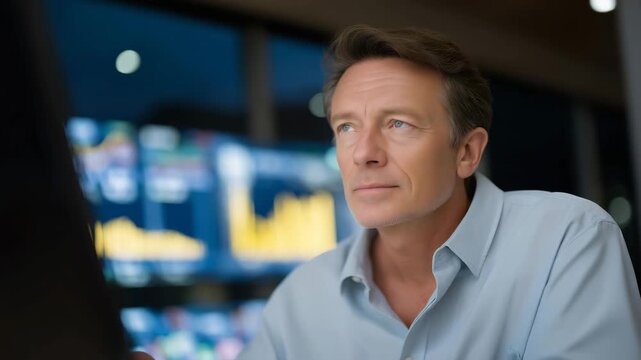 Corporate president analyzing market trends on digital dashboards, emotion of focus and foresight visible, representing executive decision-making, business intelligence, and strategic