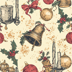 Vintage Christmas Pattern with Ornaments, Holly, Candles, and Bells – Seamless Holiday Background.
