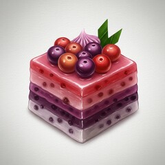 Colorful layered jelly dessert with berries and pandan leaves, Asian sweet treat concept, vibrant gelatin snack, tropical fruit cake for kids, festive food illustration, creative dessert art