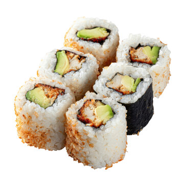 A delicious serving of six inside-out sushi rolls filled with avocado and cooked eel on a black background