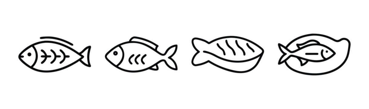 Set of four stylized fish icons simple outline food graphics for seafood and fishing themes