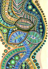 A very rich and detailed abstract ornament. Three large central shapes resembling eyes or lips with clear contours and an internal pattern of concentric rings, lines, and jagged elements.