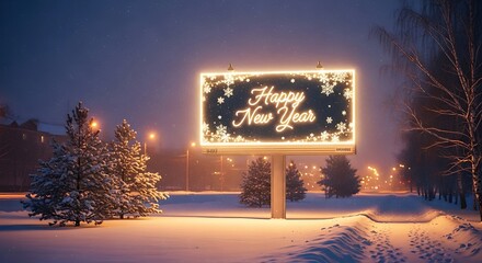 A festive billboard with happy new year message illuminates a snowy landscape at night, creating a warm and inviting atmosphere in the winter season