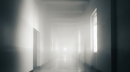 Fototapeta premium veil. A foggy grey corridor with distant doorways and soft, diffused lighting. real-estate listings, architecture portfolios, designed for real-estate listing and luxury residence showcases.