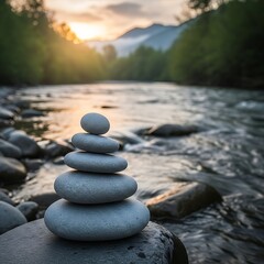 Zen stones stacked on riverbank at sunset, creating a peaceful and balanced scene with the flowing water and distant mountains in soft focus