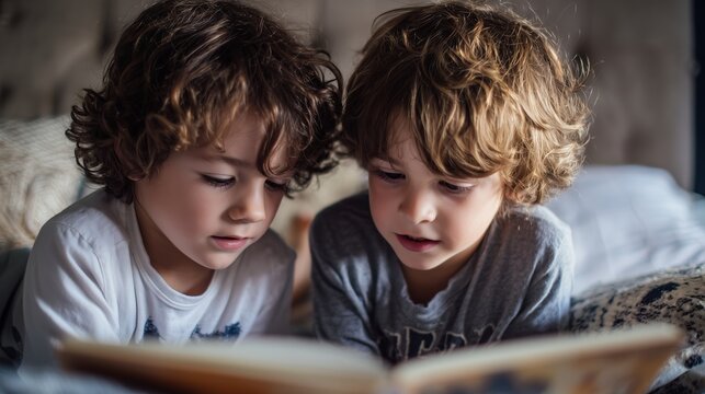 Two children reading together on a cozy bed in a warm room during the afternoon