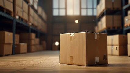 Cardboard box sitting floor in warehouse with boxes side floor and shelves.